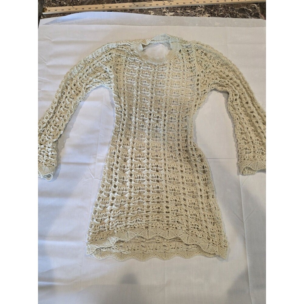 Handmade Ivory Crochet Open Knit Mini Dress Long Sleeve Pullover Round Neck. 113